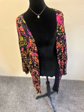 Michael Stars Black Open-Front Cardigan with Pink & Yellow Floral Print